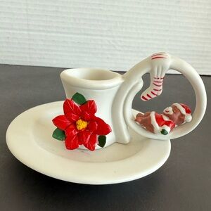 VTG Xmas Gift Co. White Bisque Ceramic Sleeping Bear +Poinsettia Candle Holder